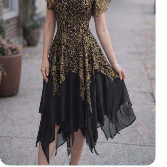 NUANCE Vintage 80s Black & Gold Tulle Overlay  Flutter Sleeve Cosplay Dress NWOT - Picture 2 of 14